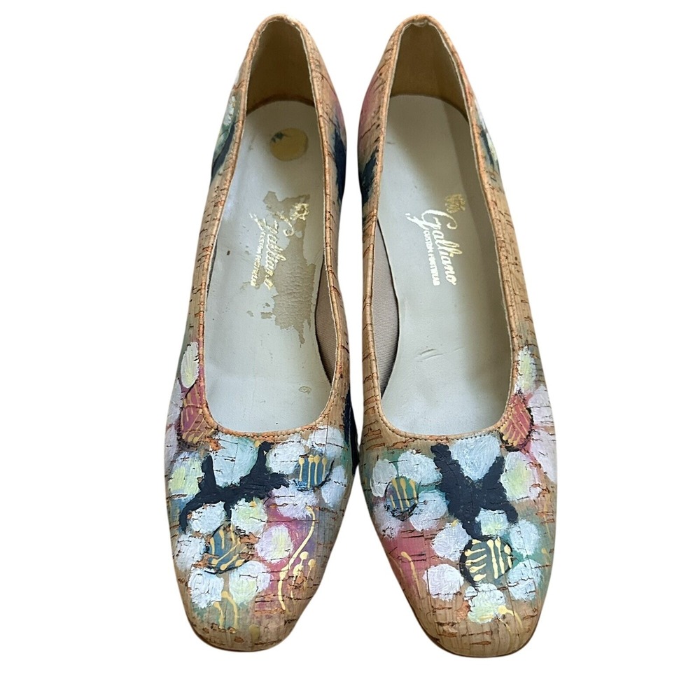 Galliano Floral Cork Pumps Womens 7.5 Multicolor Block Heel Rounded Toe